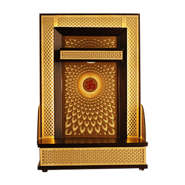 Designer Teak Wood Compact Mandir for Home – Sunburst Lattice LED Temple