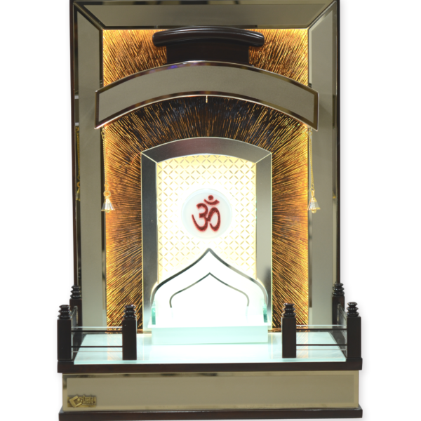 AS-Series Premium Designer Teak Wood Mandir with Glass Railing & LED Om