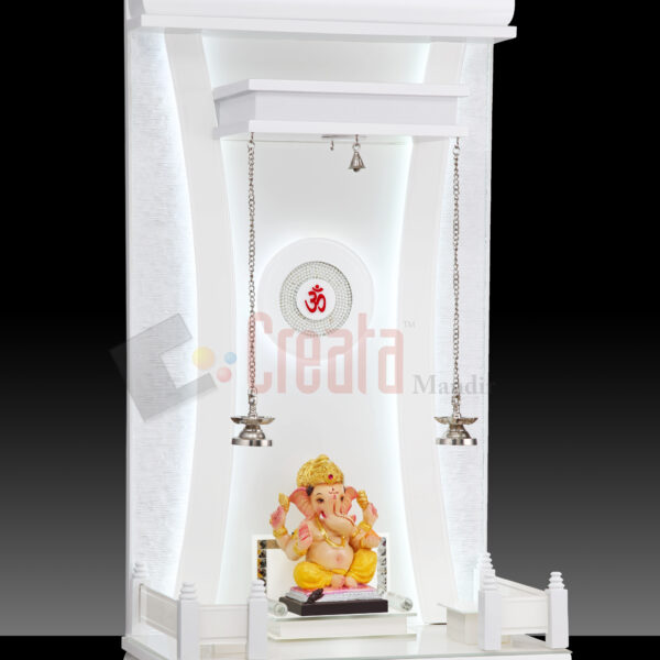 Elegant White Designer Carved Mandirs – Modern MDF & Plywood Home Temple with LED Om and Hanging Diyas