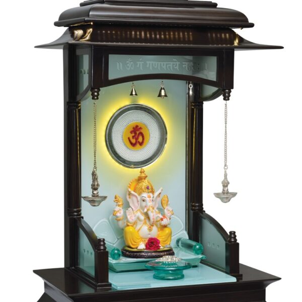Majestic Teak Wood Designer Carved Mandirs – Traditional Home Temple with LED Om & Ganpati Mantra Inscription