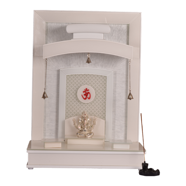 Contemporary White Teak Wood Mandir with LED Om & Sunburst Texture