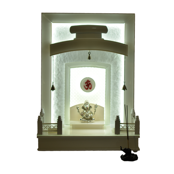 Imperial White Teak Wood Mandir with LED Sunburst & Side Railings