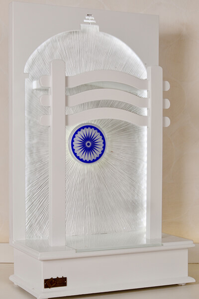 ST-160-W-18 Modern White Teak Wood Mandir with LED Ashoka Chakra Backpanel