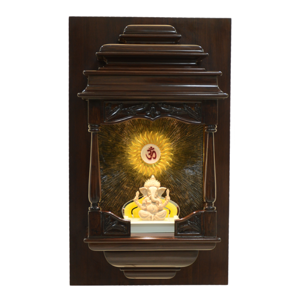 Majestic Teak Wood Designer Carved Mandirs – Traditional Home Temple with LED Om & Ganpati Mantra Inscription