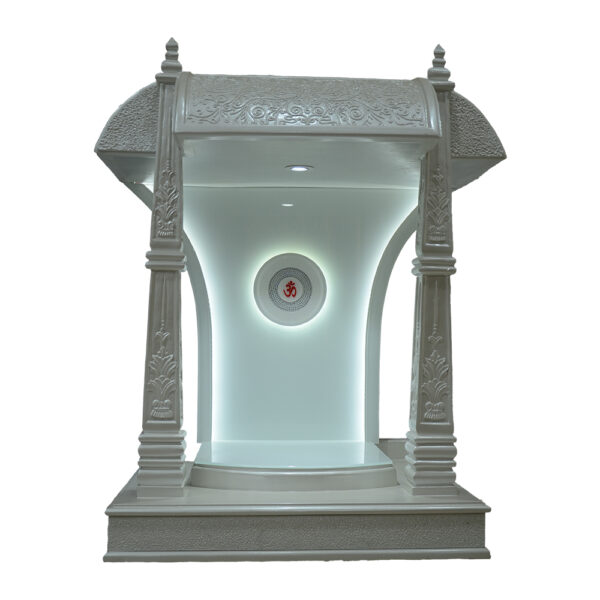 Majestic White Teak Wood Mandir with Grand Carved Pillars