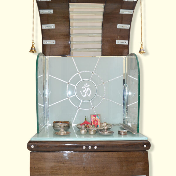 Vanguard Teak Wood Designer Mandir with Curved Canopy & Etched Glass