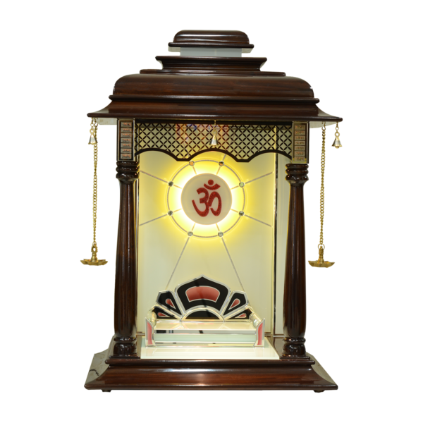 Classic Pillar-Style Teak Wood Mandir with Hanging Diyas