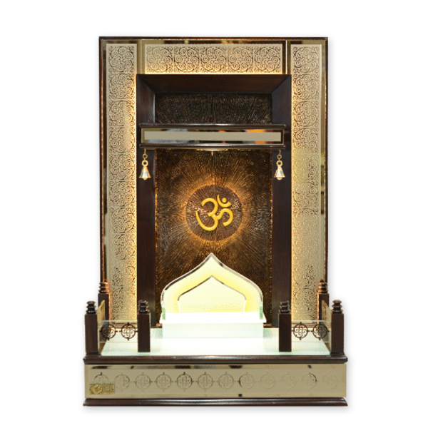 AS-Series Premium 30-Inch Teak Wood Designer Mandir with Glass Railing & Gold Om