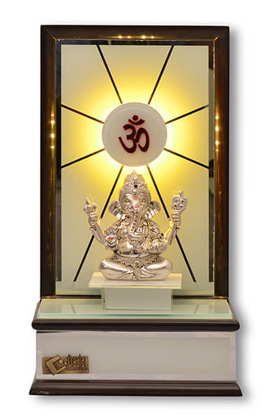 MAN-B-002 Lumina Teak Wood Designer Mandir with Radiant Sun-Ray LED Om