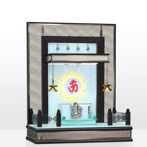 MAN-B-122 A(KP) Imperial Teak Wood Designer Mandir with Floral Etched Frame & Radiant Om