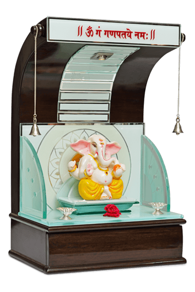 MAN-B-137(NM) Avant-Garde Teak Wood Mandir with Curved Canopy & Glass Accents