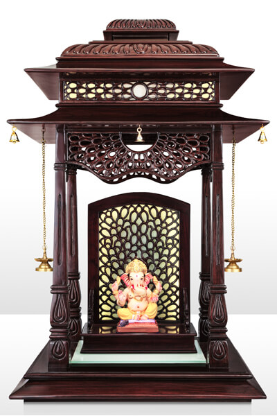 Grand Peacock-Inspired Teak Wood Mandir with LED Jali Panel