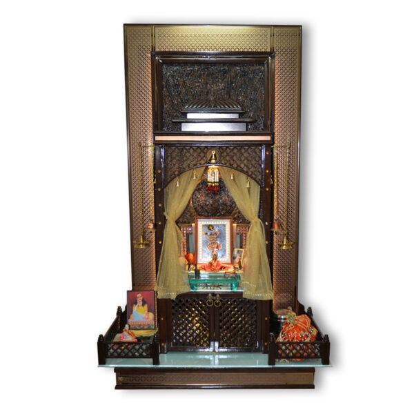 MAN-B-267 Imperial Teak Wood Designer Mandir with Lattice Doors & Gold Mirror Frame