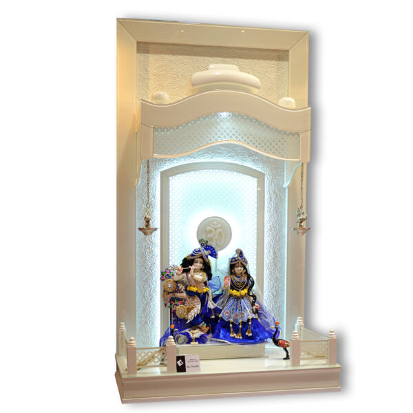 MAN-G-177 Imperial White Teak Wood Mandir with Arched Jaali Canopy & Radiant LED Om