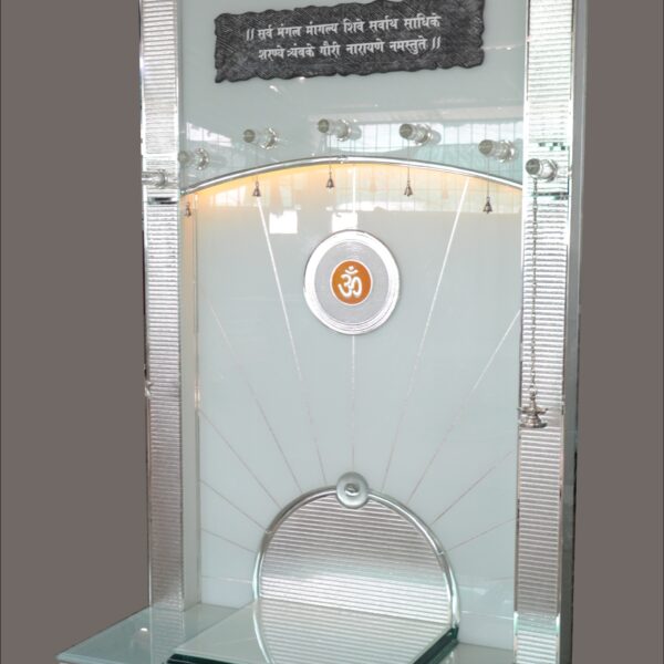 MAN-GL-075 Imperial Teak Wood Mandir with Silver Textured Frame & Etched Mantra