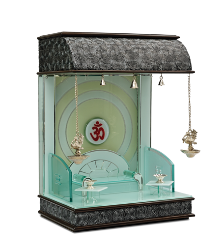 MAN-M-201(AT) Avant-Garde Teak Wood Mandir with Textured Silver Canopy & LED Om