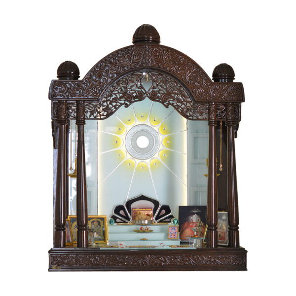 Creata Poojaghar Designer Carved Mandir - Premium Teak Wood Home Temple with Sunburst LED Illumination