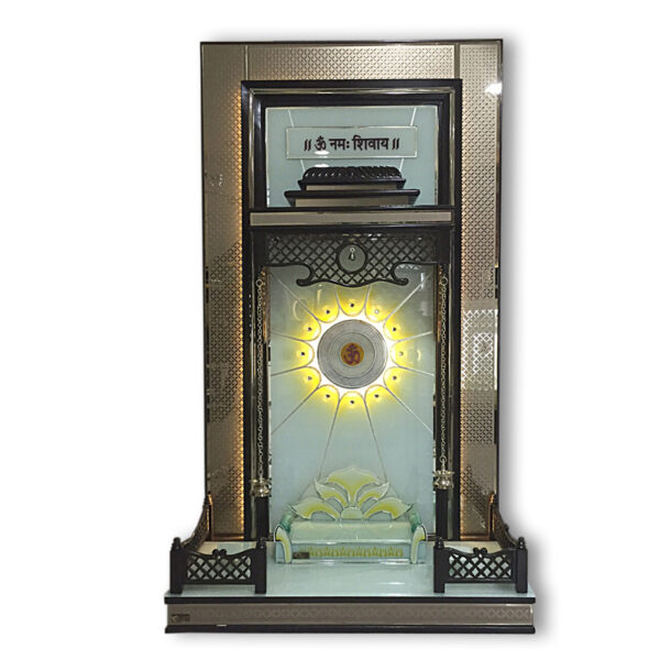 Creata Poojaghar Designer Carved Mandir - Premium Teak Wood Home Temple with Om Namah Shivay & Sunburst LED