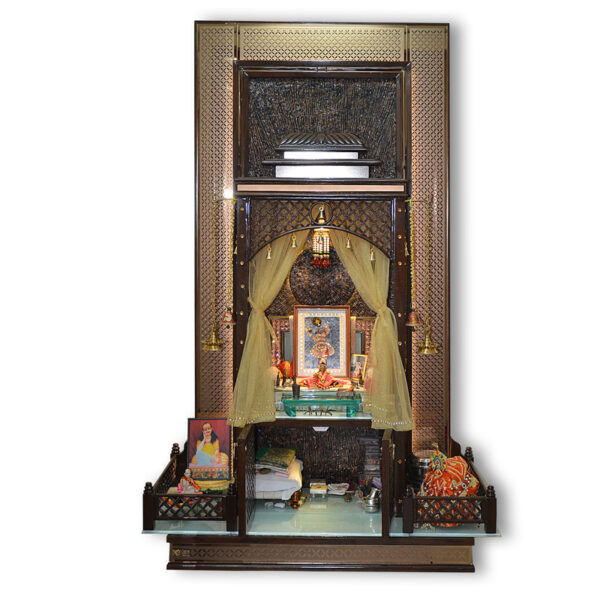 Creata Poojaghar Premium Teak Wood Designer Carved Mandir – Grand Handmade Carved Mandir with Royal Curtain Decor