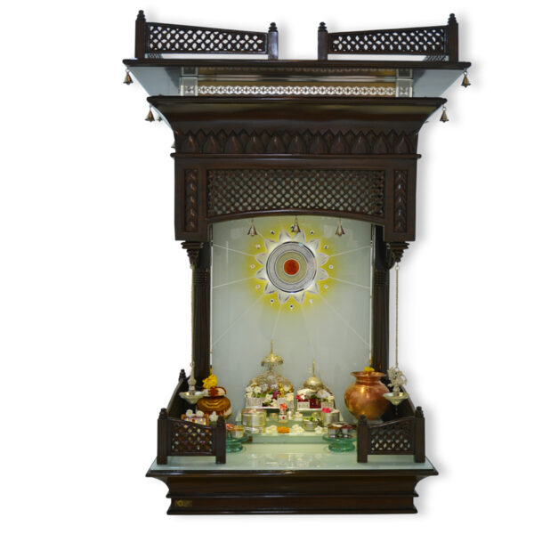 Creata Poojaghar Grand Teak Wood Designer Carved Mandir – Premium Handmade Carved Mandir with Sunburst LED