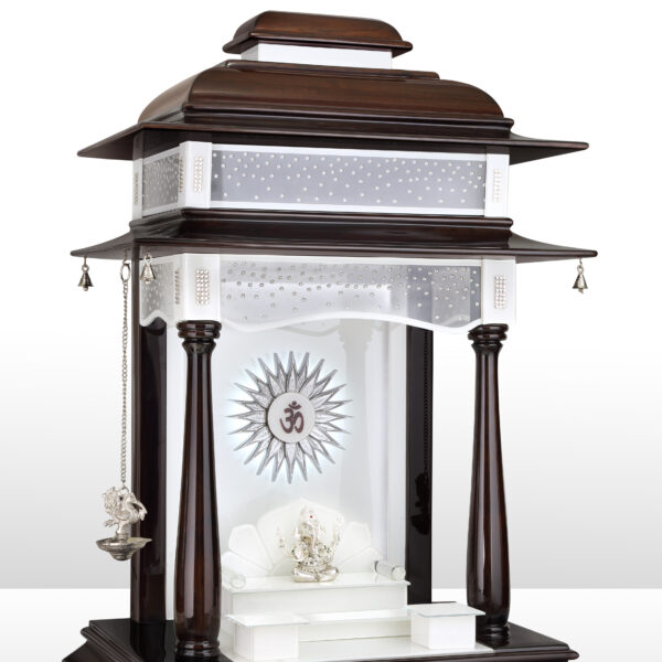 Creata Poojaghar Premium Teak Wood Designer Carved Mandir – Grand Handmade Carved Mandir with Silver Sunburst LED