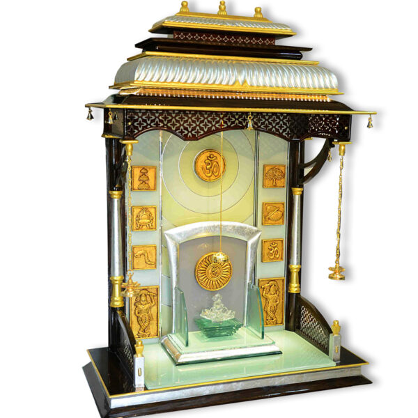 Creata Poojaghar Majestic Teak Wood Designer Carved Mandir – Grand Handmade Carved Mandir with Silver & Gold Shikhara