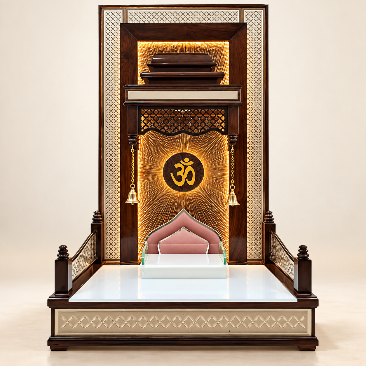 Ornate Illuminated Wooden Om Mandir