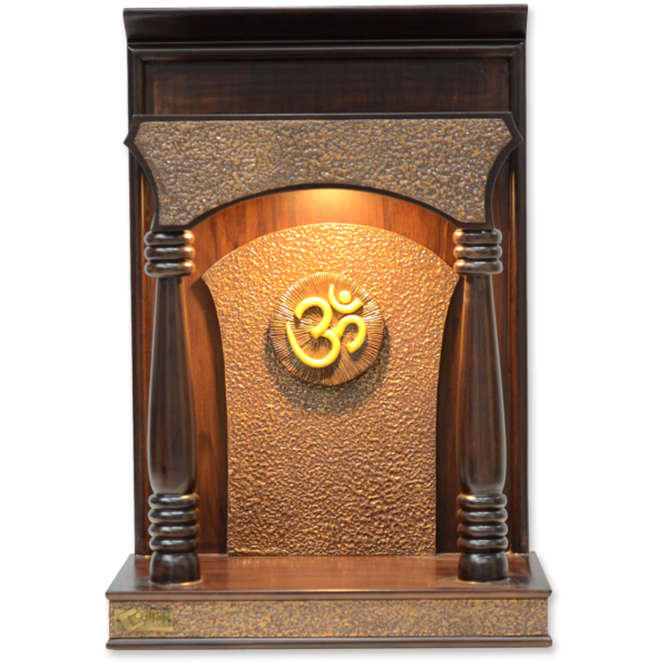 Royal Teak Wood Compact Mandir for Home – Pillar Style with Textured Gold Finish