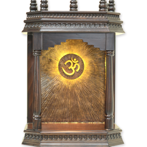 Grand Teak Wood Compact Mandir for Home – Architectural Pillar Design with Sunburst LED