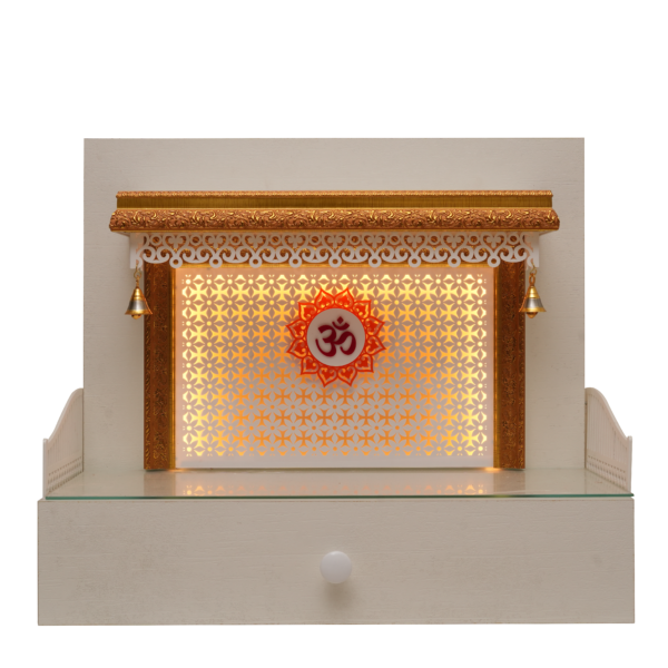 Premium White Engineer Wood Decorative LED Light Mandir with Gold Carvings & Jali Work