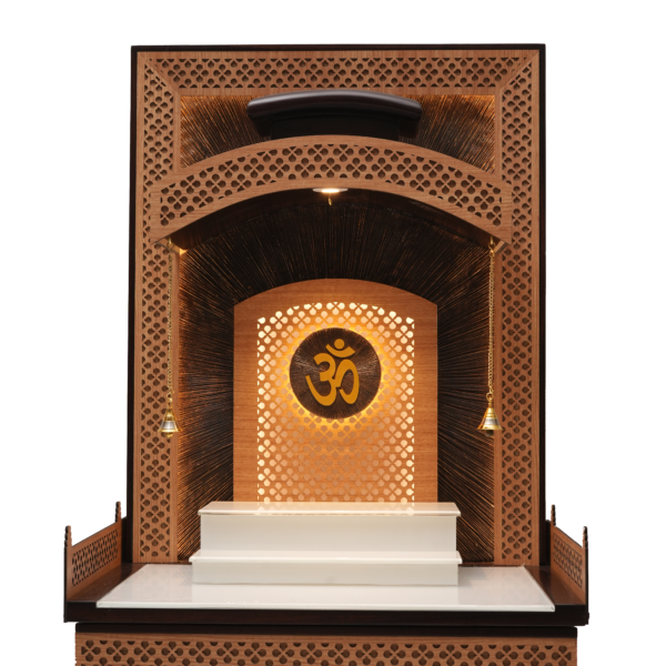 Luxury Engineer Wood Designer Mandir for Home with Radiant Sunburst Texture & Brass Bells