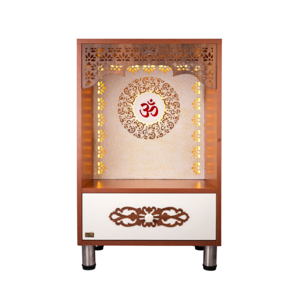 Premium Engineer Wood Designer Mandir for Home with LED Floral Jali & Om Backlight (Copy) (Copy)