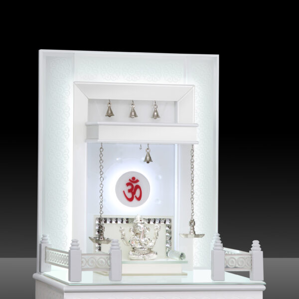 Luminous White Teak Wood Designer Mandir for Home – MAN-WT-122(KP)-A