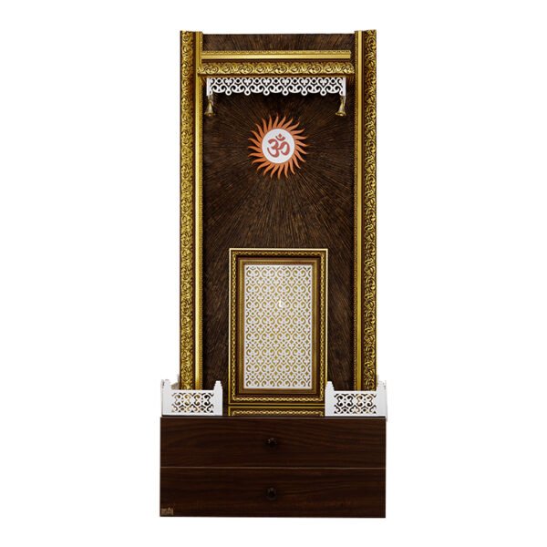 Premium Vertical Engineer Wood Designer Mandir for Home with Sun-Burst Texture & Gold Borders
