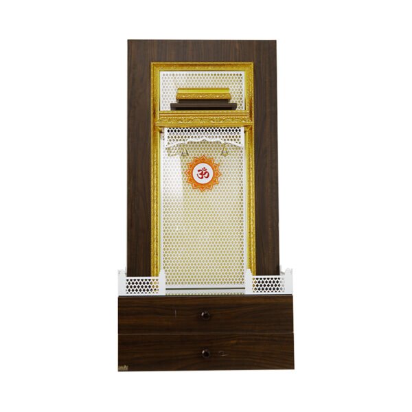 Premium Engineer Wood Designer Mandir for Home with Gold Carved Frame & White Jali Backpanel