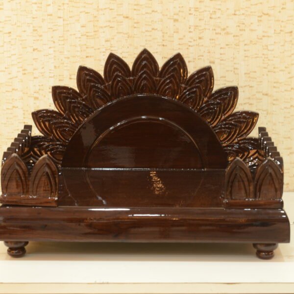 Dark brown glossy Teak Wood Devpaat with a sunburst petal backrest for placing Hindu deities, manufactured by Creata Poojaghar.