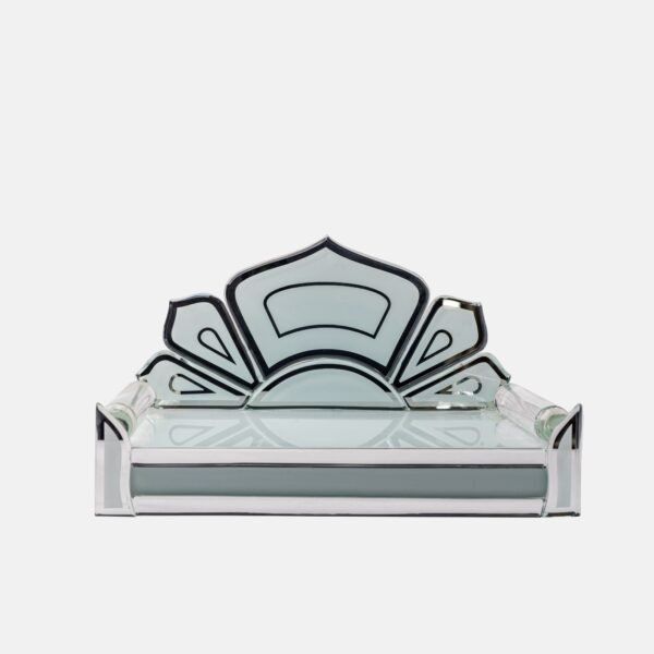 Contemporary clear glass Devpaat with a stylized lotus backrest and mirror accents, reflecting a minimalist and modern spiritual aesthetic by Creata Poojaghar.