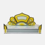 Contemporary glass devpaat with a yellow and white lotus backrest and reflective mirror borders, a modern spiritual product by Creata Poojaghar.