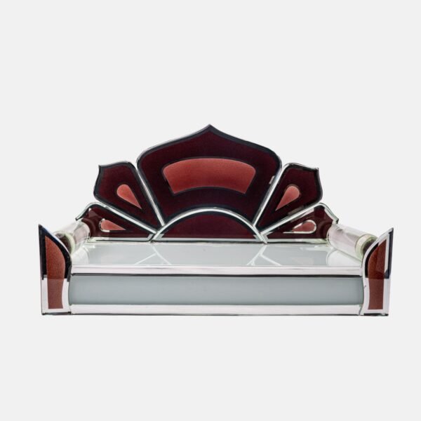 Modern glass devpaat featuring a deep maroon lotus-shaped backrest with silver mirror borders and a frosted glass base, handcrafted by Creata Poojaghar.