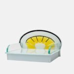 Discover the Aura Sunburst Glass Devpaat by Creata Poojaghar. A modern, semi-circular deity pedestal with a vibrant yellow sun design—perfect for contemporary home temples and apartments.