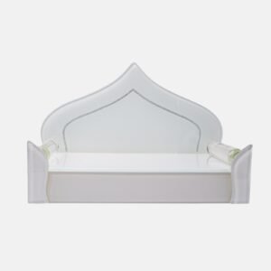 Elegant all-white glass devpaat with a dome-shaped backrest and subtle mirror trim, designed for a modern home temple by Creata Poojaghar.
