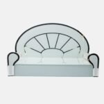 Contemporary clear glass devpaat with a semi-circular radial mirror backrest and frosted base, a premium deity throne by Creata Poojaghar.