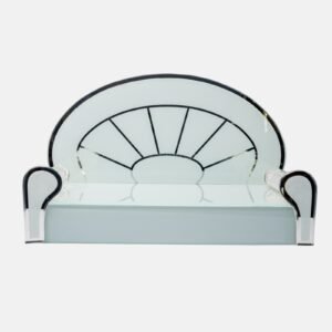 Contemporary clear glass devpaat with a semi-circular radial mirror backrest and frosted base, a premium deity throne by Creata Poojaghar.
