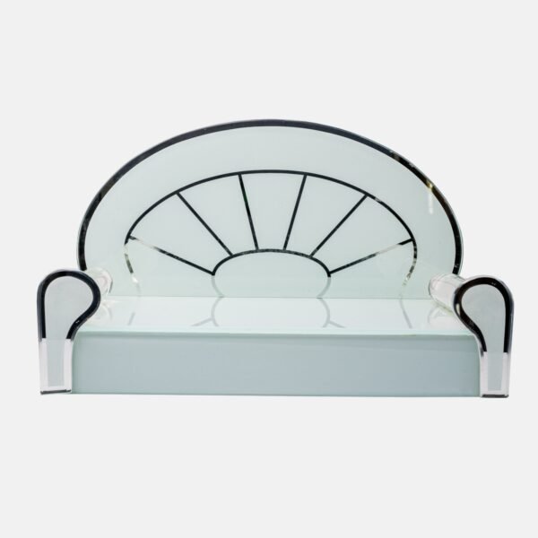 Contemporary clear glass devpaat with a semi-circular radial mirror backrest and frosted base, a premium deity throne by Creata Poojaghar.