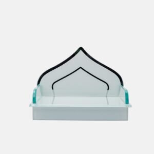 Minimalist glass devpaat with a temple-peak shaped backrest and silver mirror inlay on a frosted base, handcrafted by Creata Poojaghar.