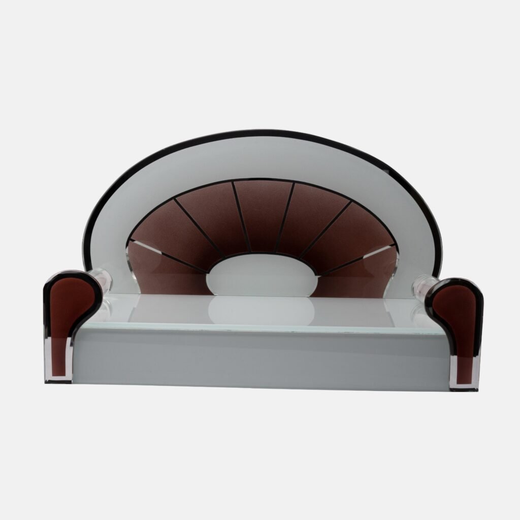 Contemporary glass devpaat with a maroon sunburst backrest and silver mirror borders on a frosted white base, designed by Creata Poojaghar.