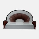 Contemporary glass devpaat with a maroon sunburst backrest and silver mirror borders on a frosted white base, designed by Creata Poojaghar.