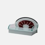 Contemporary glass devpaat with a maroon sunburst backrest and silver mirror borders on a frosted white base, designed by Creata Poojaghar.