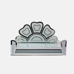 Modern glass devpaat with a stylized lotus petal backrest and reflective mirror borders on a frosted glass base, handcrafted by Creata Poojaghar.