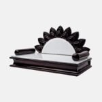 Handcrafted teak wood devpaat with a natural wood-grain seat and a dark walnut sunburst-carved backrest, a premium spiritual product by Creata Poojaghar.